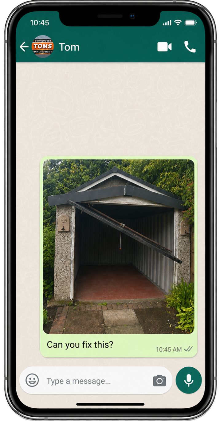 Customer sending a photo of their garage door to Tom's Garage Doors on WhatsApp