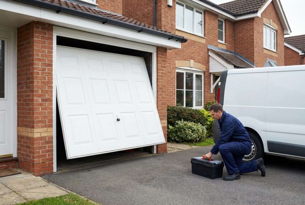 Tom's Garage Doors engineer arriving at a customer's driveway to repair a garage door that won't close